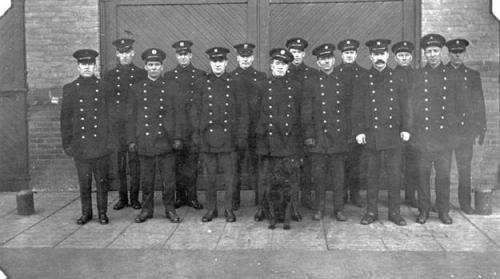 A4533 - Fire Station No. 1 in Edmonton, Alberta. Firemen in front of garage door not identified. - 1909