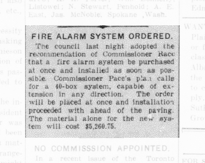 1906-11-21 The Edmonton Bulletin, November 21, 1906, Page 2, Item Ar00207 (Fire Alarm System Ordered)